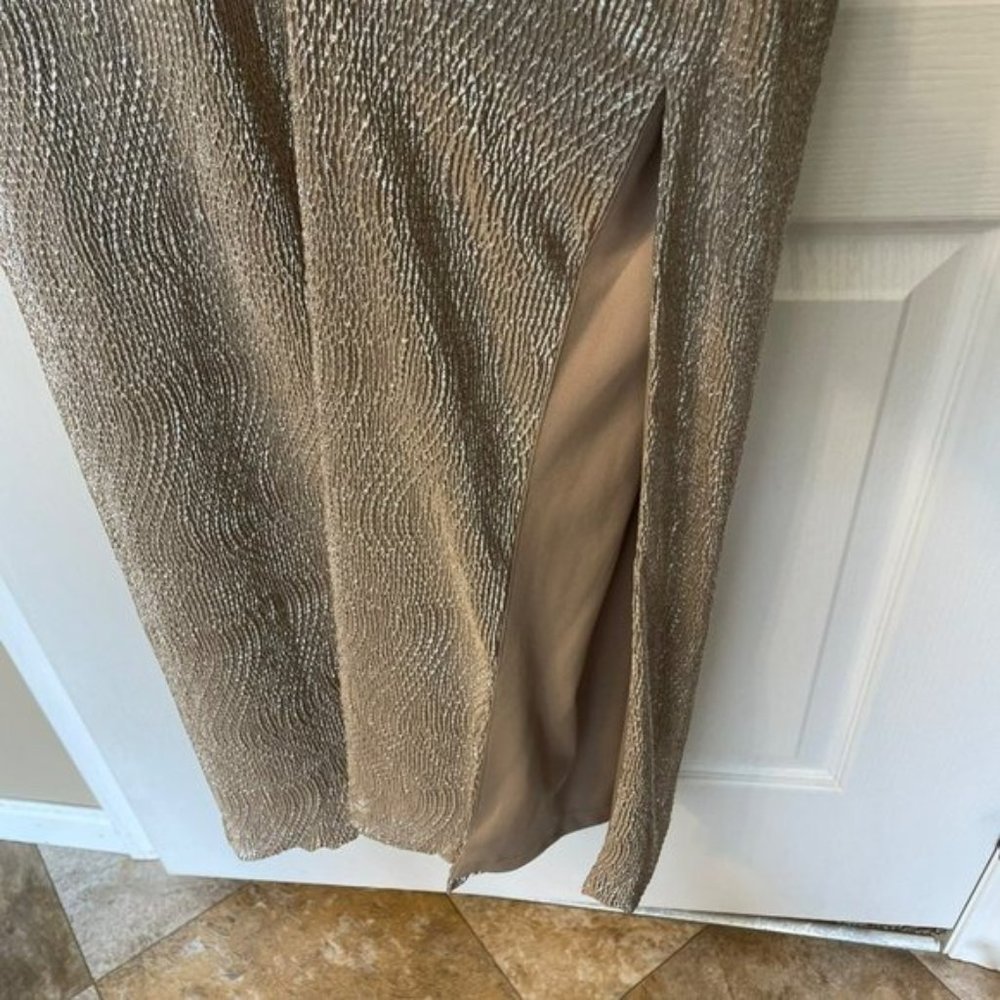 Lauren | Ralph Lauren Evening Gold Metallic Maxi Dress Gown Slit Stretch 10 Long - Picture 5 of 10